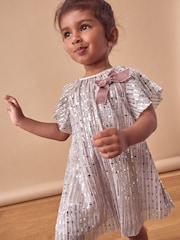 Pink Bow Sequin Party Angel Sleeve Dress (6mths-10yrs) - Image 4 of 7
