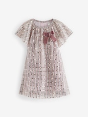 Pink Bow Sequin Party Angel Sleeve Dress (6mths-10yrs) - Image 5 of 7