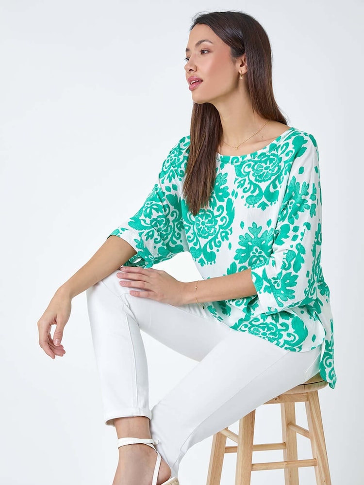 Roman Green Textured Paisley Print Tunic Top - Image 1 of 5