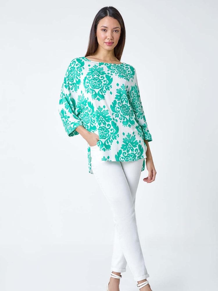 Roman Green Textured Paisley Print Tunic Top - Image 2 of 5
