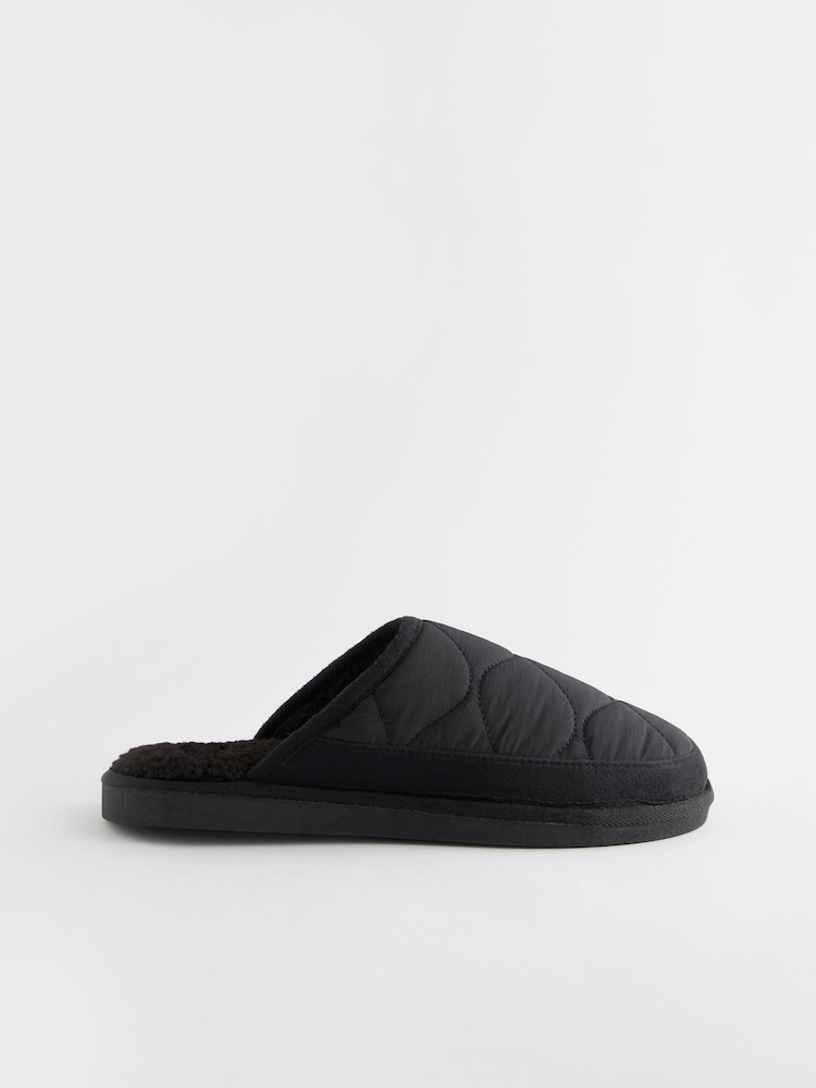 Black Quilted Borg Lined Mule Slippers - Image 1 of 5