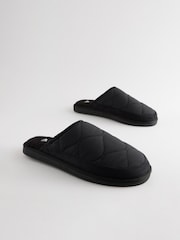 Black Quilted Borg Lined Mule Slippers - Image 2 of 5