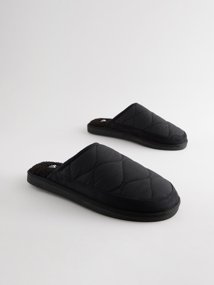 Black Quilted Borg Lined Mule Slippers - Image 2 of 5