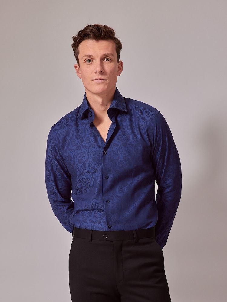 Hawes & Curtis Slim Blue Paisley Jacquard Mid Collar 100% Cotton Shirt - Image 1 of 4