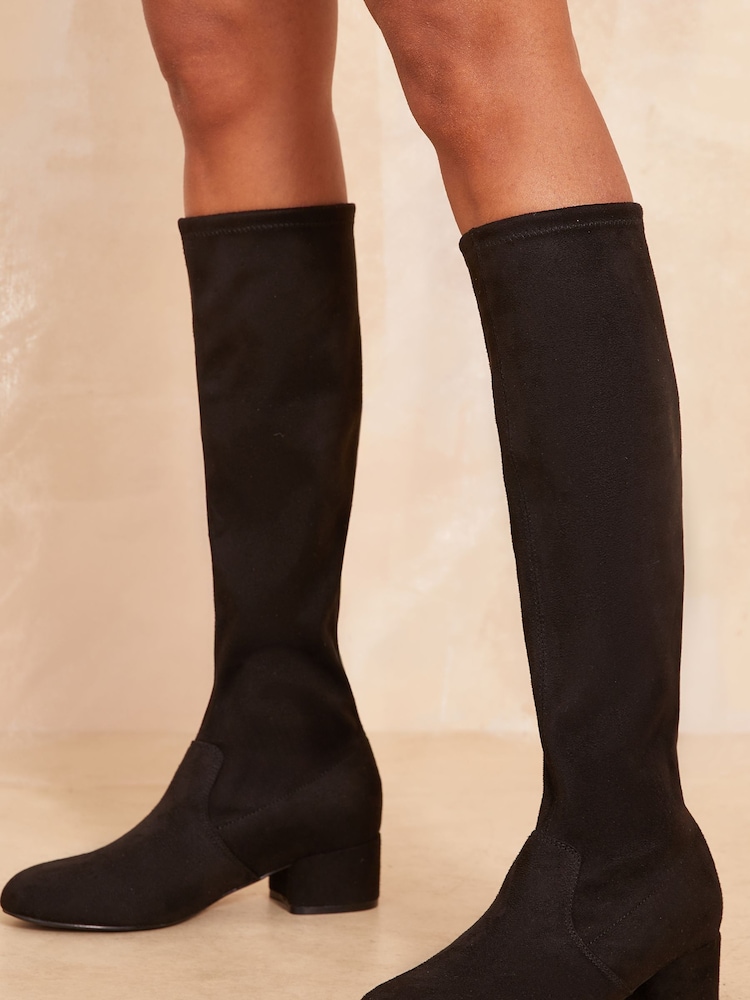 Friends Like These Black Wide Fit Low Block Heel Knee Stretch Faux Suede Boots - Image 1 of 4