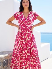 Roman Pink Leaf Print V-Neck Midi Dress - Image 1 of 5