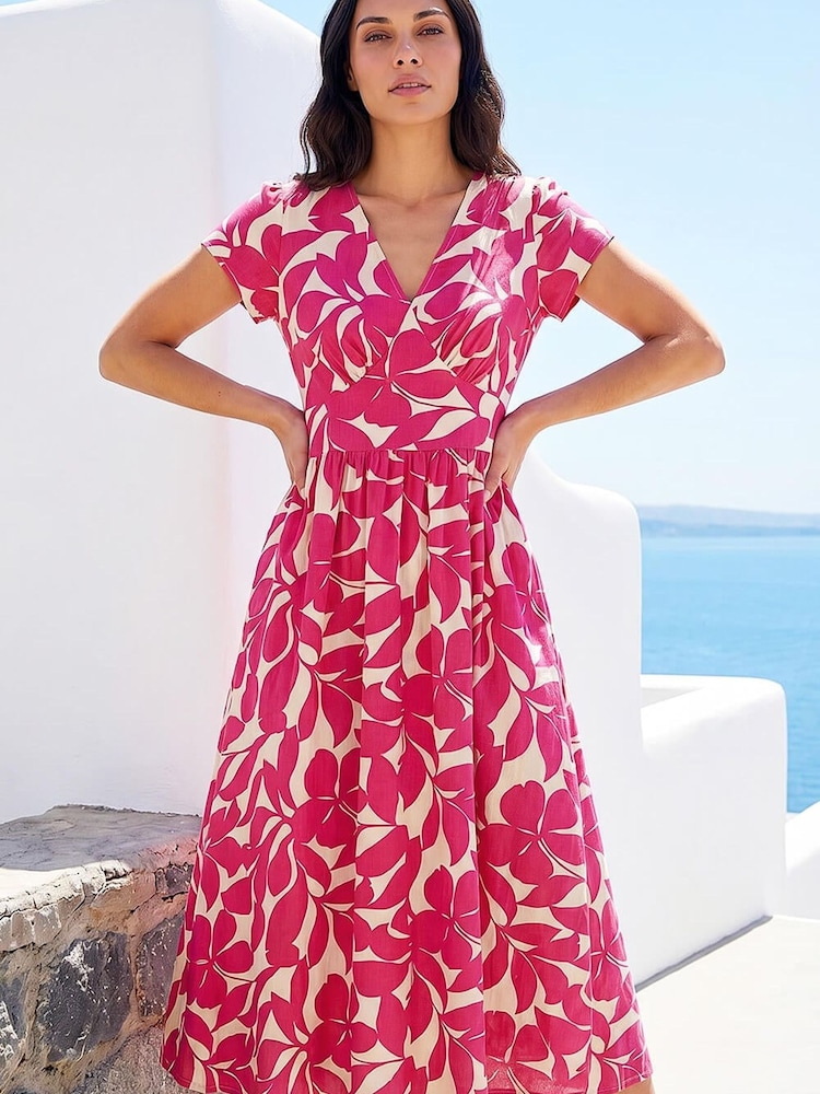Roman Pink Leaf Print V-Neck Midi Dress - Image 1 of 5 Roman Pink Leaf Print V-Neck Midi Dress - Image 1 of 5
