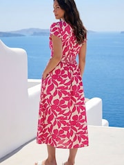Roman Pink Leaf Print V-Neck Midi Dress - Image 2 of 5