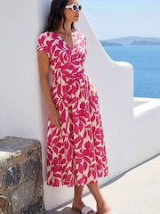Roman Pink Leaf Print V-Neck Midi Dress - Image 3 of 5