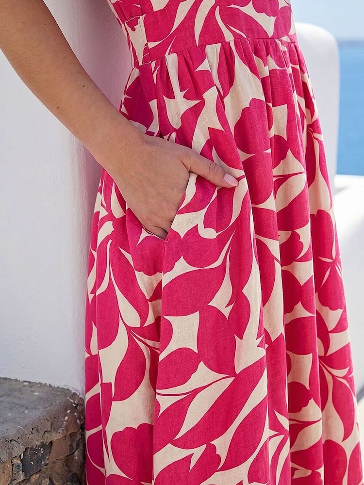 Roman Pink Leaf Print V-Neck Midi Dress - Image 5 of 5 Roman Pink Leaf Print V-Neck Midi Dress - Image 5 of 5