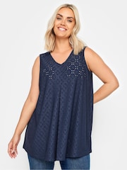 Yours Curve Blue Broderie Pleated Swing Vest - Image 1 of 5