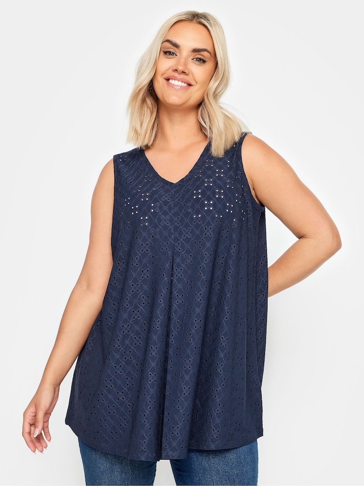Yours Curve Blue Broderie Pleated Swing Vest - Image 1 of 5