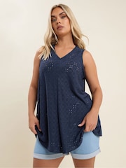 Yours Curve Blue Broderie Pleated Swing Vest - Image 7 of 9