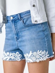 Roman Blue Lace Detail Denim Stretch Shorts - Image 5 of 5