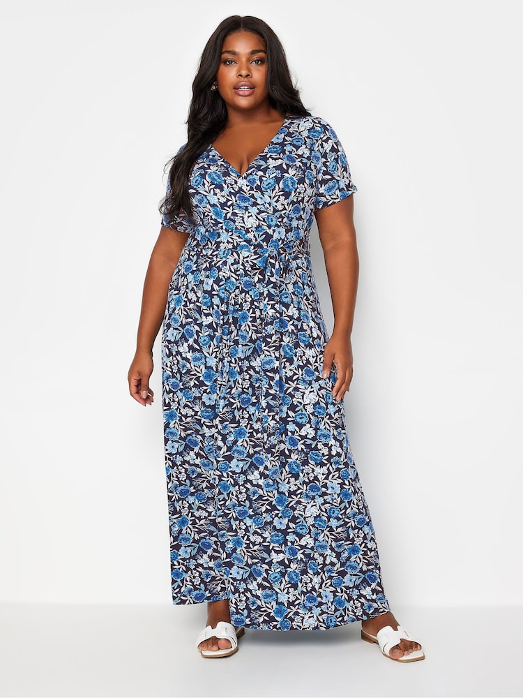 Yours Curve Blue Navy Blue Floral Print Wrap Maxi Dress - Image 1 of 5