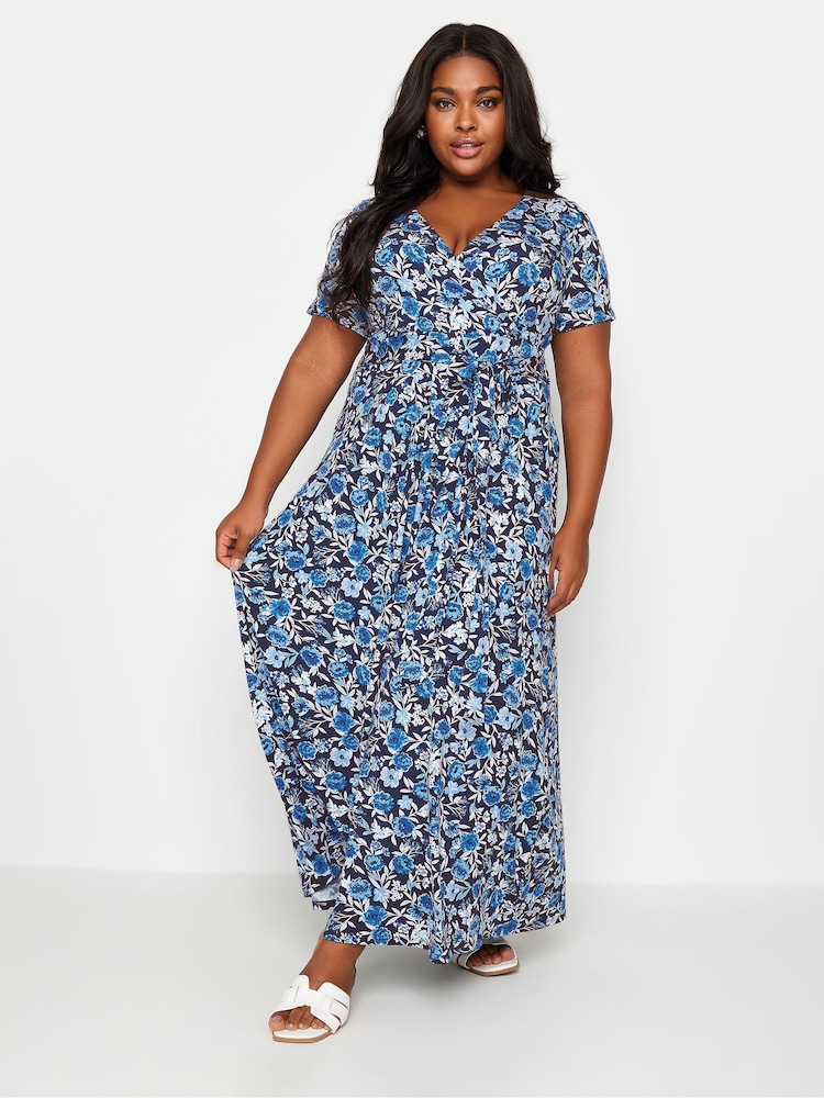 Yours Curve Blue Navy Blue Floral Print Wrap Maxi Dress - Image 2 of 5