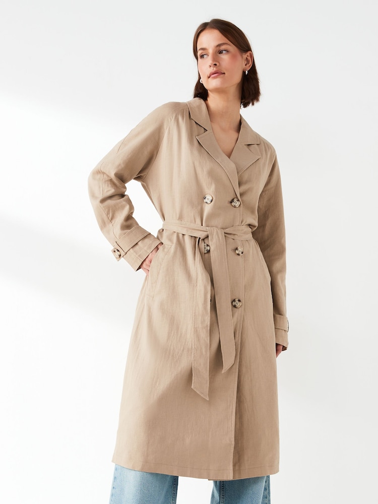 JDY Brown Linen Blend Trench Coat - Image 1 of 7