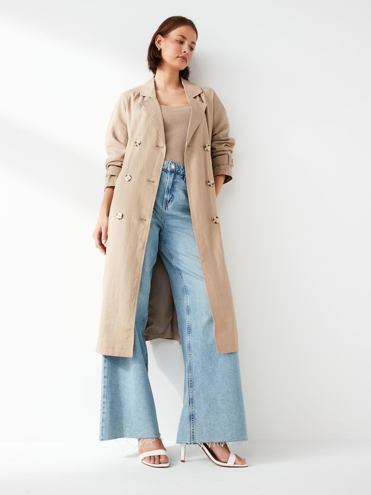 JDY Brown Linen Blend Trench Coat - Image 2 of 7
