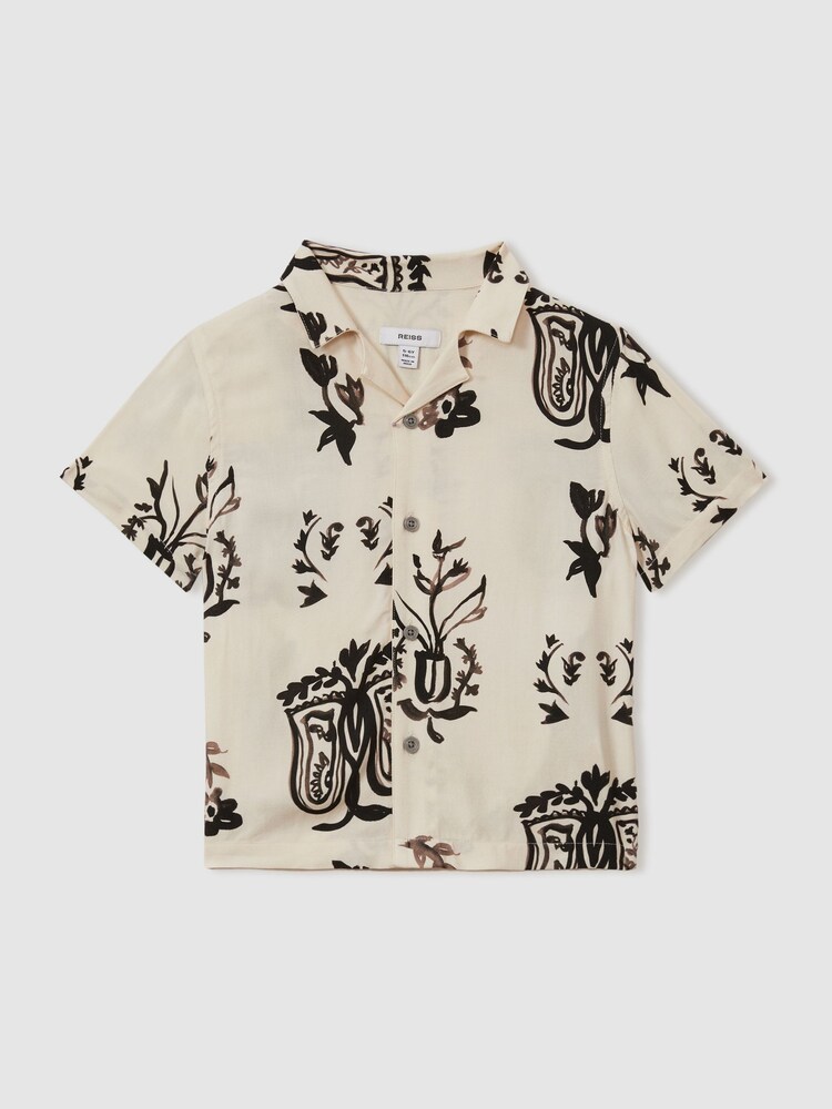 Reiss Off White/Black Babylon Relaxed Printed Cuban Collar Shirt - Image 1 of 2 Reiss Off White/Black Babylon Relaxed Printed Cuban Collar Shirt - Image 1 of 2