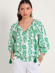 Monsoon White/Green 100% Cotton Lani Bubble Hem Top - Image 1 of 5