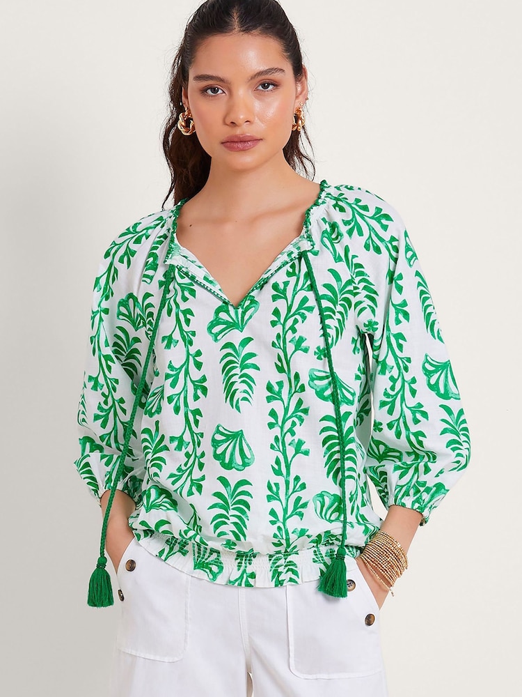 Monsoon White/Green 100% Cotton Lani Bubble Hem Top - Image 1 of 5