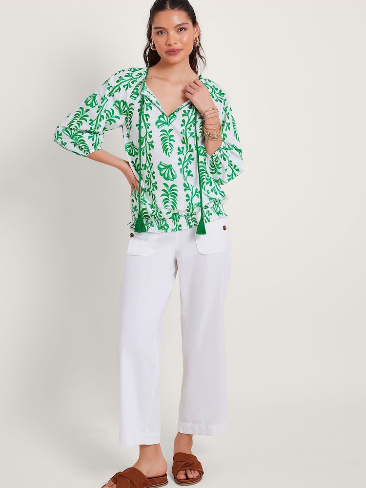 Monsoon White/Green 100% Cotton Lani Bubble Hem Top - Image 2 of 5