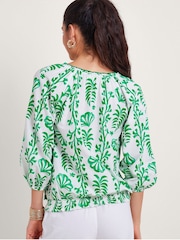 Monsoon White/Green 100% Cotton Lani Bubble Hem Top - Image 3 of 5