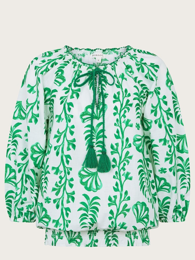 Monsoon White/Green 100% Cotton Lani Bubble Hem Top - Image 5 of 5