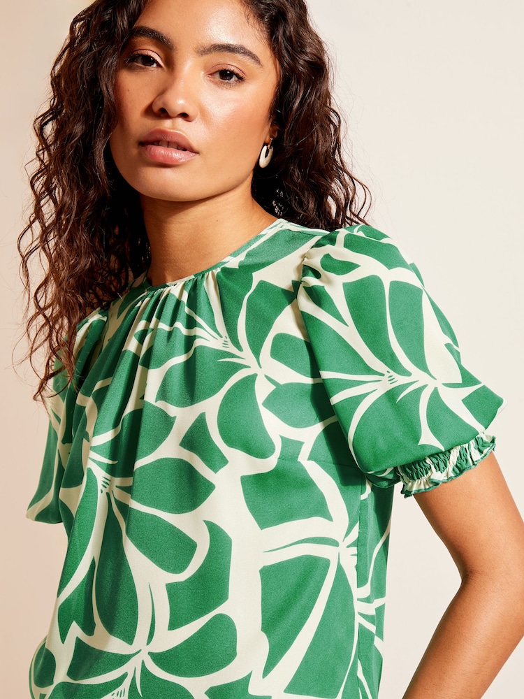Friends Like These Green Round Neck Shirred Cuff Shorts Sleeve Top - Image 1 of 4 Friends Like These Green Round Neck Shirred Cuff Shorts Sleeve Top - Image 1 of 4
