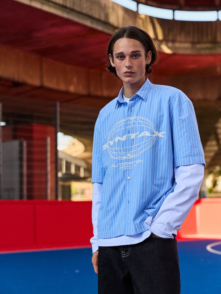 Blue Edit Short Sleeve Stripe 100% Cotton Shirt - Image 1 of 7 Blue Edit Short Sleeve Stripe 100% Cotton Shirt - Image 1 of 7