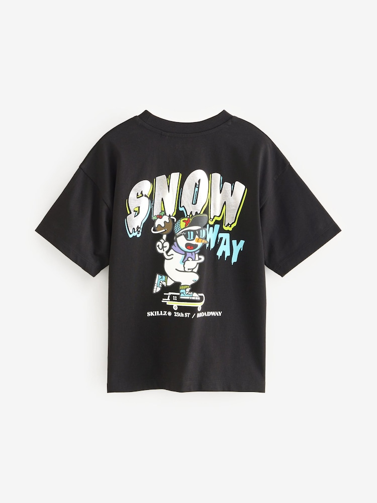 Black Snow Way Back Print Short Sleeve Christmas 100% Cotton T-Shirt (3-16yrs) - Image 2 of 4