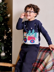 JoJo Maman Bébé Navy Blue Santa and Reindeer Tractor Sweatshirt - Image 1 of 6
