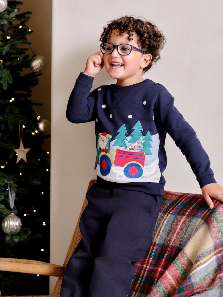 JoJo Maman Bébé Navy Blue Santa and Reindeer Tractor Sweatshirt - Image 1 of 6