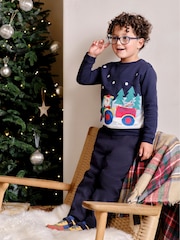 JoJo Maman Bébé Navy Blue Santa and Reindeer Tractor Sweatshirt - Image 2 of 6