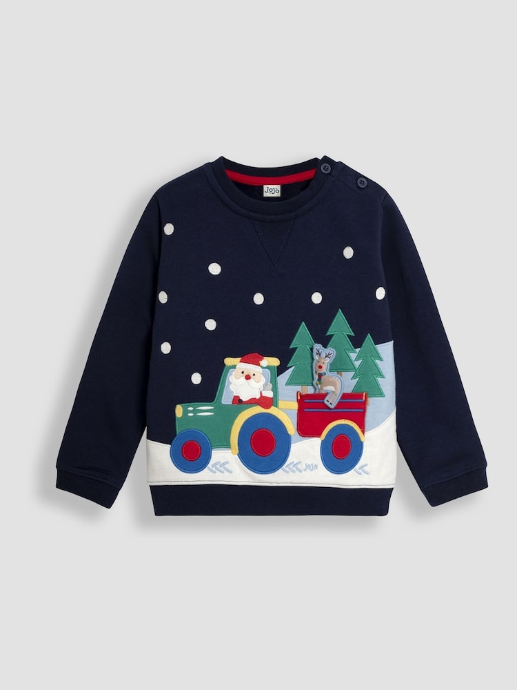 JoJo Maman Bébé Navy Blue Santa and Reindeer Tractor Sweatshirt - Image 4 of 6