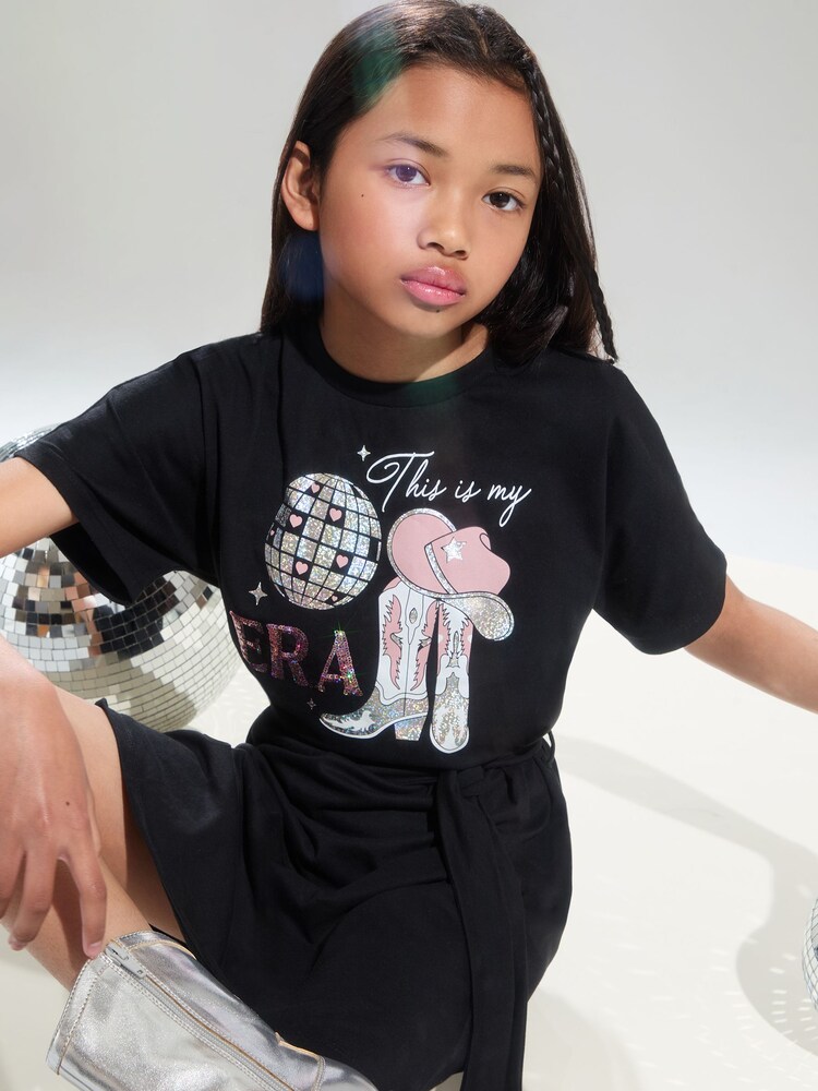 Lipsy Black Era Graphic T-Shirt Dress (4-14yrs) - Image 2 of 4
