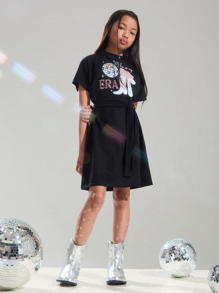 Lipsy Black Era Graphic T-Shirt Dress (4-14yrs) - Image 3 of 4