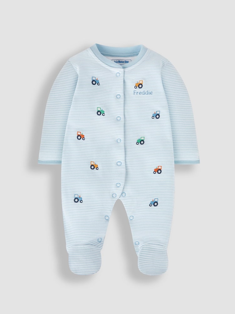 JoJo Maman Bébé Blue Tractor Baby Personalised Embroidered Cotton Sleepsuit - Image 2 of 4