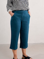 Seasalt Cornwall Teal Point Crop 100% Linen Trousers - Image 2 of 5