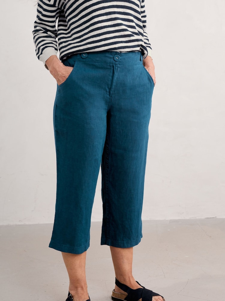 Seasalt Cornwall Teal Point Crop 100% Linen Trousers - Image 2 of 5
