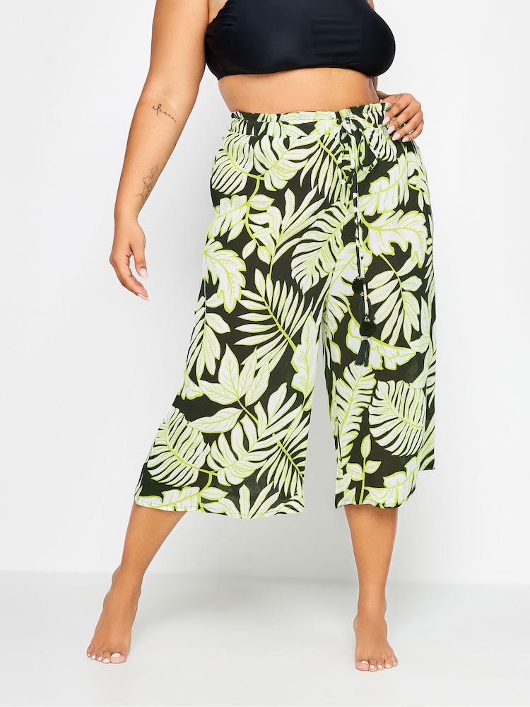 Yours Curve Black Green Leaf Print Culottes - Image 1 of 5