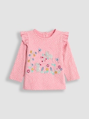 JoJo Maman Bébé Pink Bunny & Mouse Frill Long Sleeve Appliqué Top - Image 1 of 3
