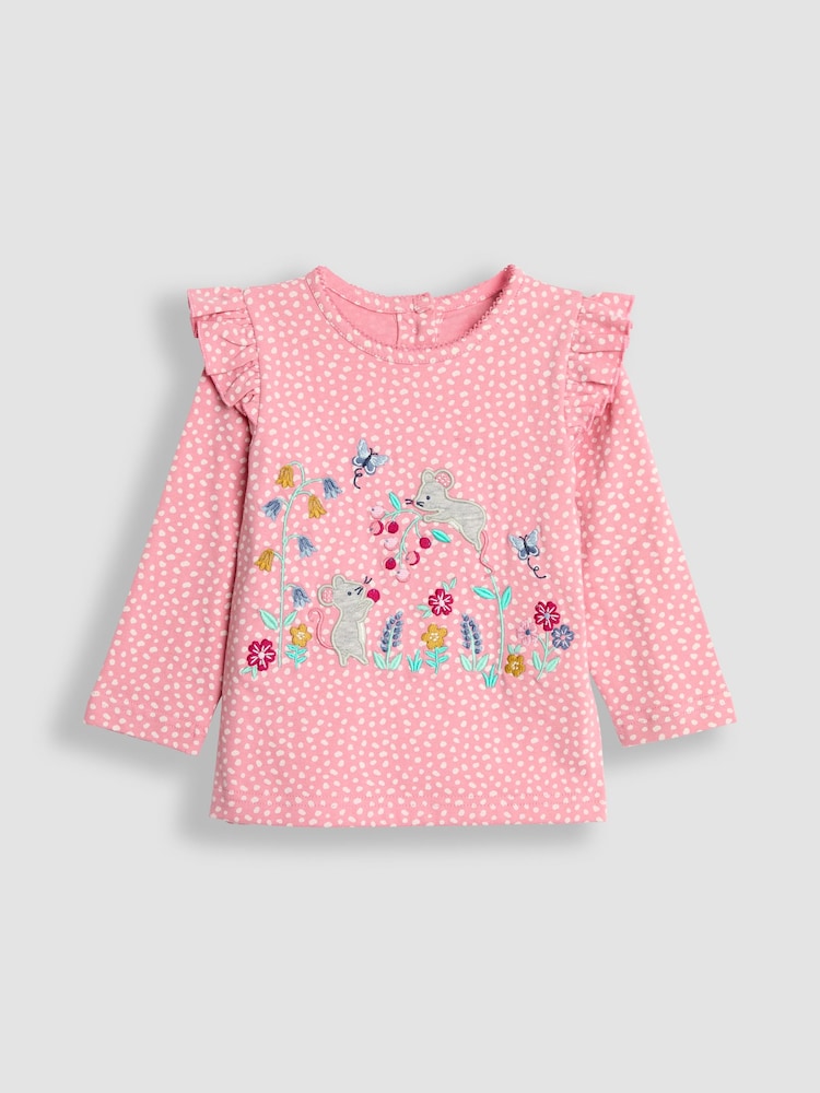 JoJo Maman Bébé Pink Bunny & Mouse Frill Long Sleeve Appliqué Top - Image 1 of 3