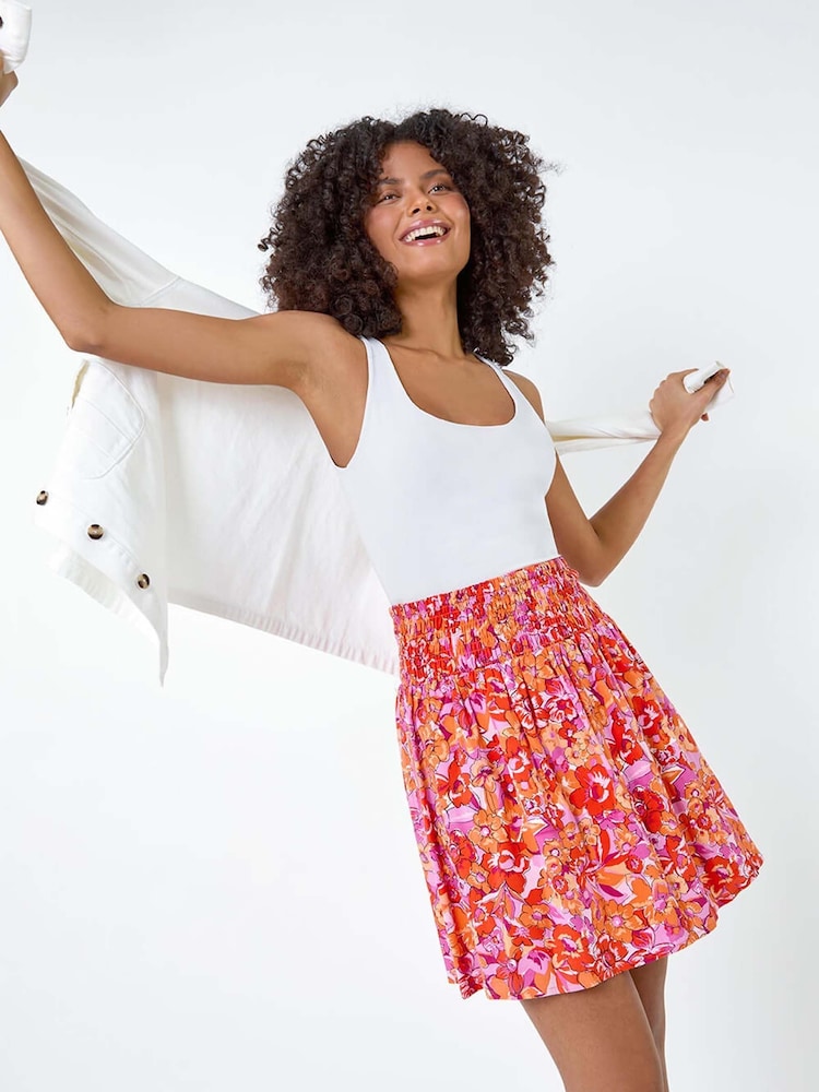 Dusk Orange Floral Stretch Shirred Mini Skirt - Image 1 of 5