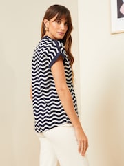 Love & Roses Blue Wave Stripe Jersey V Neck Woven Trim Short Sleeve T-Shirt - Image 3 of 4