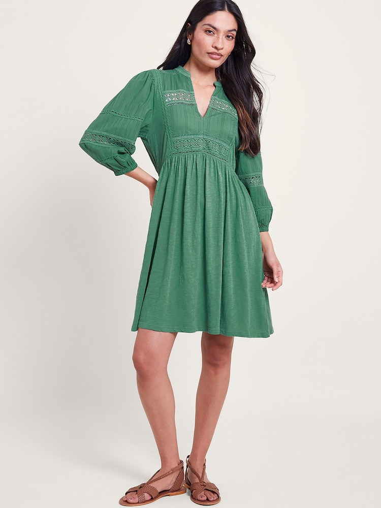 Monsoon Green 100% Cotton Lia Lace Trim Dress - Image 1 of 5