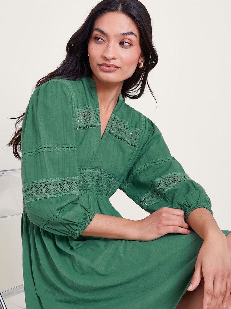 Monsoon Green 100% Cotton Lia Lace Trim Dress - Image 2 of 5