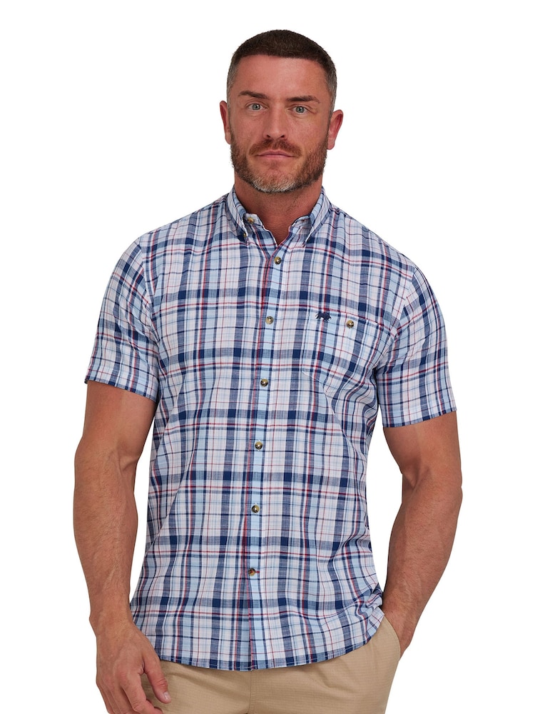 Raging Bull Blue Short Sleeve Large Multi Check Linen Look Shirt - Image 1 of 8