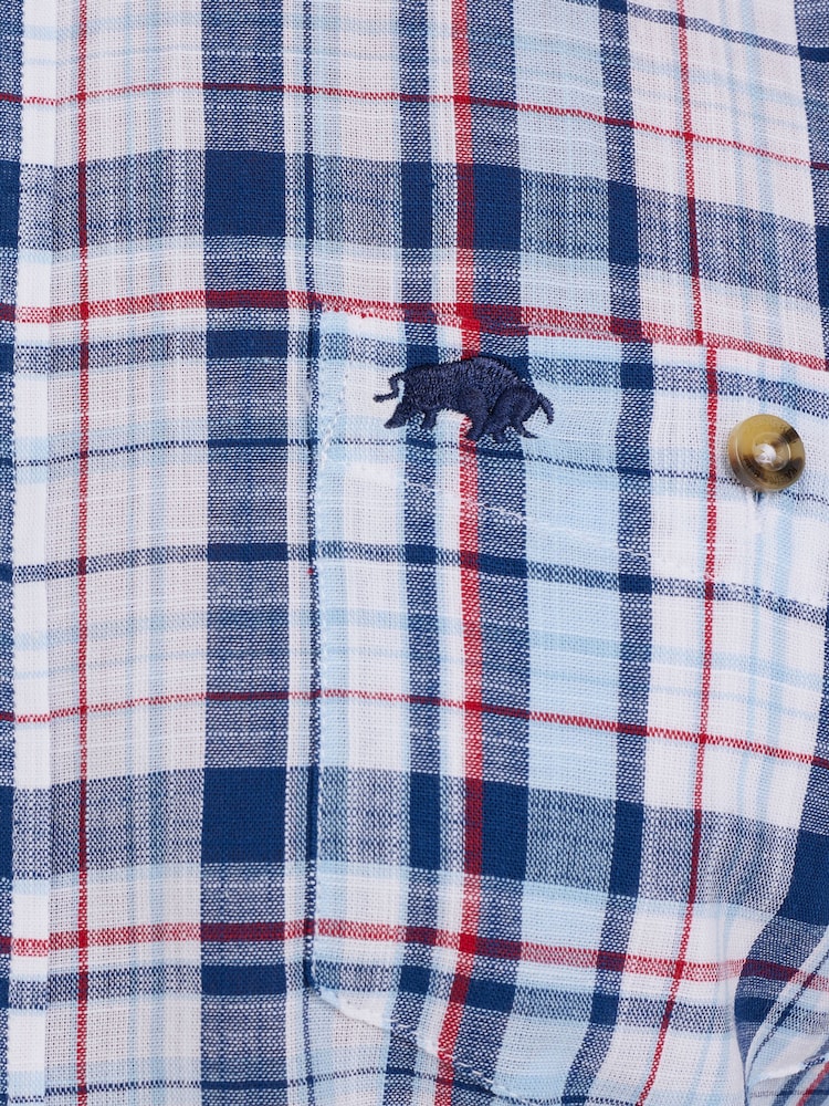 Raging Bull Blue Short Sleeve Large Multi Check Linen Look Shirt - Image 8 of 8