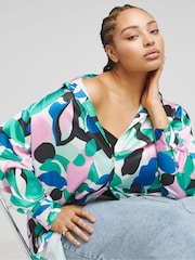 Simply Be Green Oversized Satin Shirt - Image 1 of 4